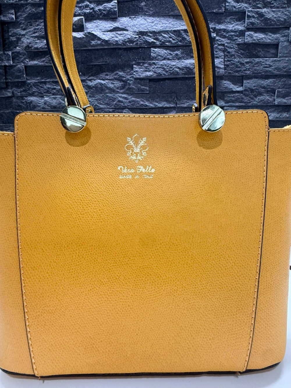 Vera Pelle Genuine Leather Structured Tote Mustard Yellow Pebbled Made in Italy - Picture 6 of 11